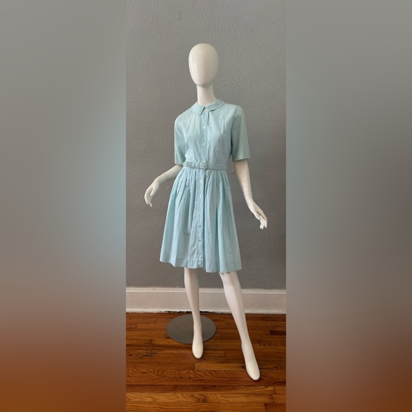 Vintage 50s Blue Striped Button Belt Fit & Flare Shirtwaist Day Dress S - Picture 5 of 15